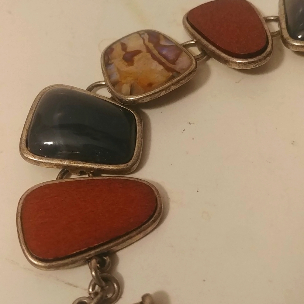 8 Linked Chunky Stone Wood Abalone Bracelet - image 2